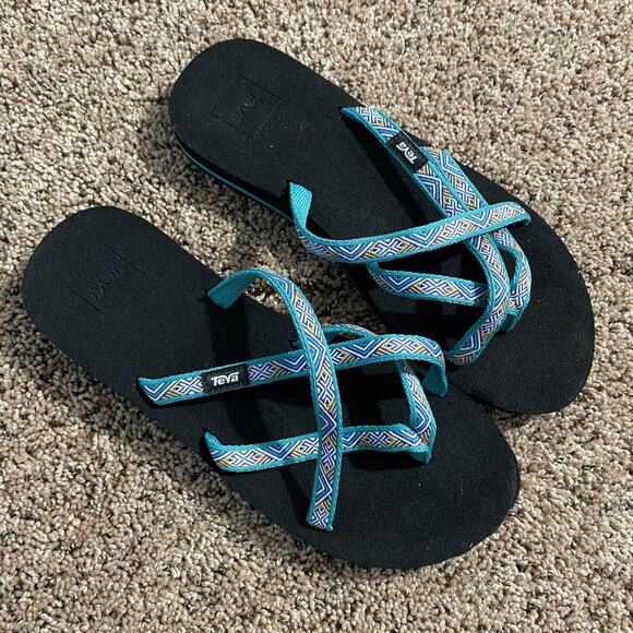 Teva Sandals Womens Size 9 Black Blue Webbing Slip On Slide Lightweight Comfort - Picture 1 of 5